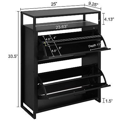eHemco 2-Door Shoe Cabinet with Shelf, Modern Storage Organizer, Black Metal Frame, 2 Flip Drawers
