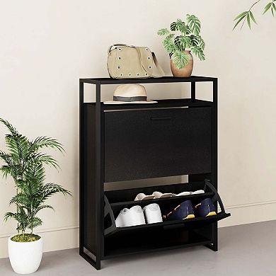 eHemco 2-Door Shoe Cabinet with Shelf, Modern Storage Organizer, Black Metal Frame, 2 Flip Drawers