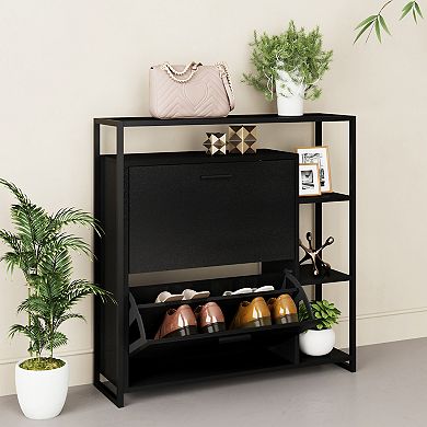 eHemco 2-Door Shoe Cabinet with 4 Shelves, Modern Storage Organizer, Metal Frame, 2 Flip Drawers