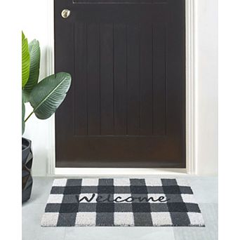 Kate Aurora All Season Black and White Plaid Country Farmhouse Coir Bristled Outdoor Welcome Mat