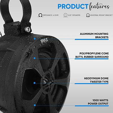 Pyle 2-Way Dual Waterproof Off-Road Speakers, 5.25", 1000W, Full Range Audio for ATV/Boat, Black