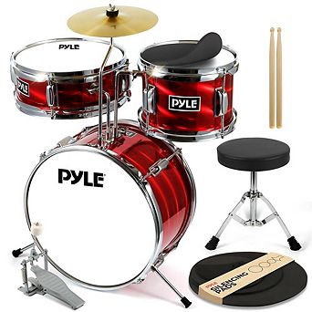 Pyle 3 pc Kids/Junior Drum Set with Throne - Metallic Shiny Red (PDRMKIT72RD)