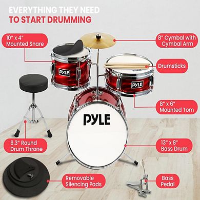 Pyle 3-Piece Kids/Junior Drum Set with Throne - Metallic Shiny Red (PDRMKIT72RD)