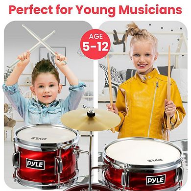 Pyle 3-Piece Kids/Junior Drum Set with Throne - Metallic Shiny Red (PDRMKIT72RD)