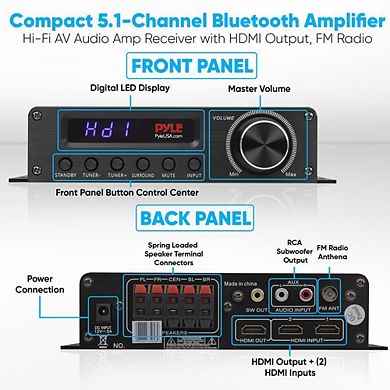 Pyle 5.1 Channel Bluetooth Amplifier with HDMI Output & FM Radio PFA560BT - Compact Design