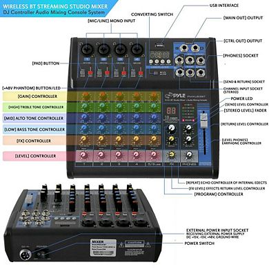 Pyle 6-Channel Audio Mixer, USB Bluetooth, 48V Phantom Power, Digital MP3, 16-Bit DSP Effects