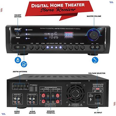 Pyle 300W 4-Channel Home Theater Power Stereo Receiver, USB, RCA, Mic Echo, Remote Control