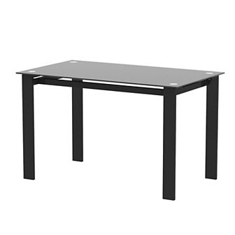 LOVMOR Modern Tempered Glass Black Dining Table Rectangular Metal Legs Kitchen Living Room
