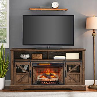 LOVMOR Electric Fireplace Entertainment Center With Door Sensor Reclaimed Barnwood Color