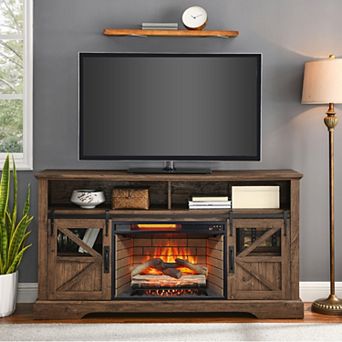 LOVMOR Electric Fireplace Entertainment Center With Door Sensor Reclaimed Barnwood Color