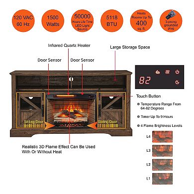 LOVMOR Electric Fireplace Entertainment Center With Door Sensor Reclaimed Barnwood Color