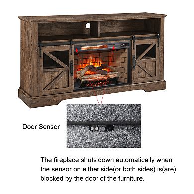 LOVMOR Electric Fireplace Entertainment Center With Door Sensor Reclaimed Barnwood Color