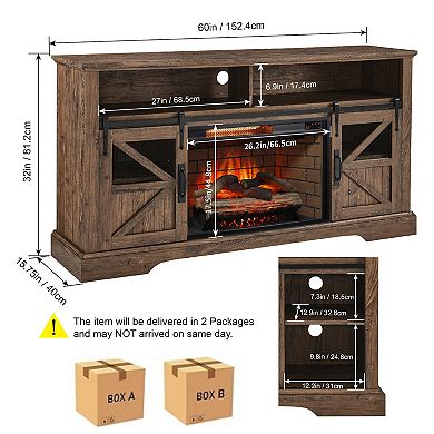 LOVMOR Electric Fireplace Entertainment Center With Door Sensor Reclaimed Barnwood Color