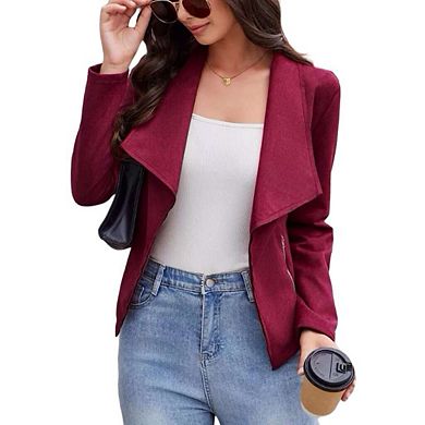 Women's Fashion Faux Suede Jackets Clothes Lapel Long Sleeve Open Front Outerwear Cropped Coats