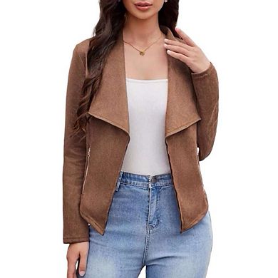 Women's Fashion Faux Suede Jackets Clothes Lapel Long Sleeve Open Front Outerwear Cropped Coats