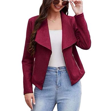 Women's Fashion Faux Suede Jackets Clothes Lapel Long Sleeve Open Front Outerwear Cropped Coats