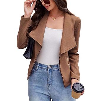 Women's Fashion Faux Suede Jackets Clothes Lapel Long Sleeve Open Front Outerwear Cropped Coats