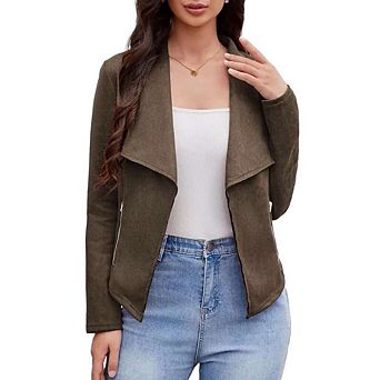 Women's Fashion Faux Suede Jackets Clothes Lapel Long Sleeve Open Front Outerwear Cropped Coats