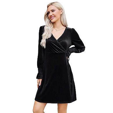 Women's Velvet Long Sleeve Dress with Ruffle Sleeve Drawstring Waist Stretch Slip Dress
