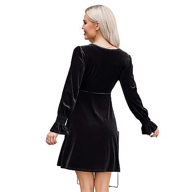 Women's Velvet Long Sleeve Dress with Ruffle Sleeve Drawstring Waist Stretch Slip Dress