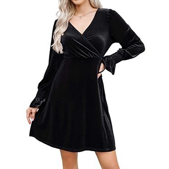 Women's Velvet Long Sleeve Dress with Ruffle Sleeve Drawstring Waist Stretch Slip Dress