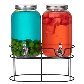 Basicwise 2 pc Versatile Glass Drink Dispenser with Metal Stand & Stainless Steel Spigots