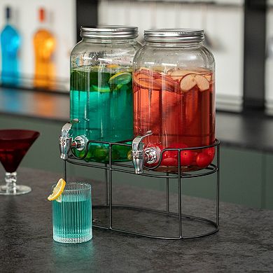 Basicwise 2-Pcs Versatile Glass Drink Dispenser with Metal Stand & Stainless Steel Spigots