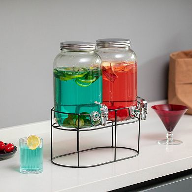 Basicwise 2-Pcs Versatile Glass Drink Dispenser with Metal Stand & Stainless Steel Spigots