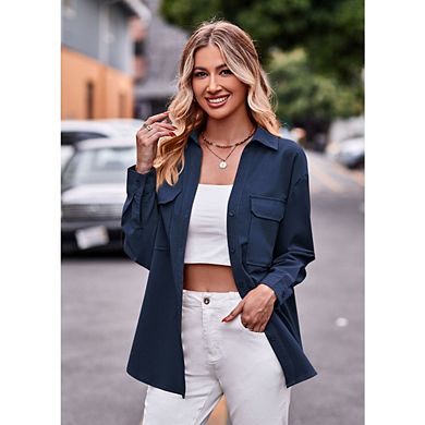 Womens Casual Shirts Long Sleeve Button Down Blouses Fall Solid Color Trendy Tops with Pocket