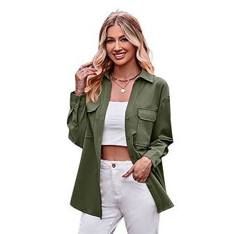 Womens Casual Shirts Long Sleeve Button Down Blouses Fall Solid Color Trendy Tops with Pocket