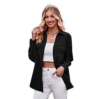 Womens Casual Shirts Long Sleeve Button Down Blouses Fall Solid Color Trendy Tops with Pocket