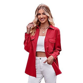 Womens Casual Shirts Long Sleeve Button Down Blouses Fall Solid Color Trendy Tops with Pocket