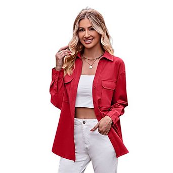 Womens Casual Shirts Long Sleeve Button Down Blouses Fall Solid Color Trendy Tops with Pocket
