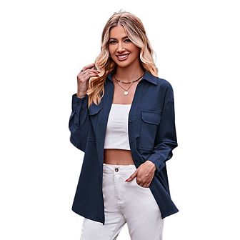 Womens Casual Shirts Long Sleeve Button Down Blouses Fall Solid Color Trendy Tops with Pocket