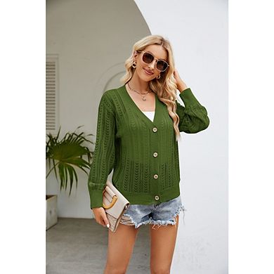 Womens Long Sleeve Cardigan Sweater Soft Button Down Knit V Neck Fitted Casual Winter Tops Knitwear