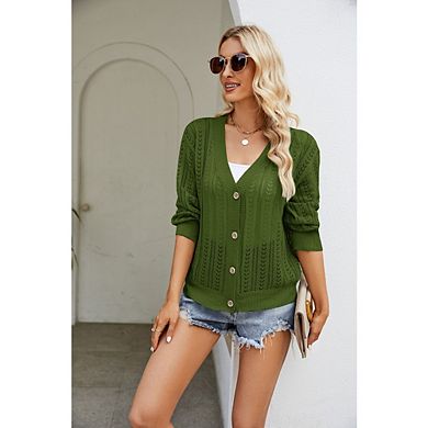 Womens Long Sleeve Cardigan Sweater Soft Button Down Knit V Neck Fitted Casual Winter Tops Knitwear