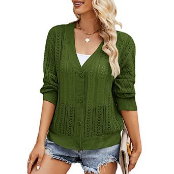 Womens Long Sleeve Cardigan Sweater Soft Button Down Knit V Neck Fitted Casual Winter Tops Knitwear