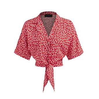 Women Crop Tops V Neck Short Tops Summer Floral T Shirt Bowknot Tops