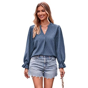 Womens Swiss Dot Long Sleeve Relax Fit Tee Shirt Henley Shirt Lightweight Casual Work Blouse