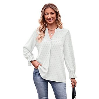 Womens Swiss Dot Long Sleeve Relax Fit Tee Shirt Henley Shirt Lightweight Casual Work Blouse