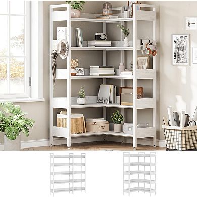 Corner Bookshelf, 5-Tier Bookshelves with 4 Hooks, Convertible Bookshelf