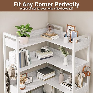 Corner Bookshelf, 5-Tier Bookshelves with 4 Hooks, Convertible Bookshelf