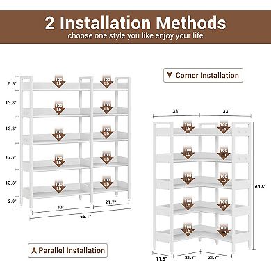 Corner Bookshelf, 5-Tier Bookshelves with 4 Hooks, Convertible Bookshelf