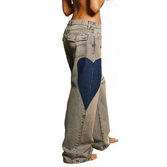Y2k Baggy Jeans for Women Heart Printed Denim Pants Casual Loose Wide Leg Retro Denim Trousers