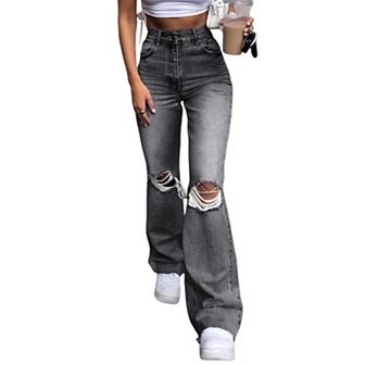 Women Ripped Hole Jeans Y2K Flare Trousers High Waisted Straight Wide Leg Denim Pants