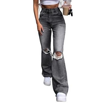 Women Ripped Hole Jeans Y2K Flare Trousers High Waisted Straight Wide Leg Denim Pants