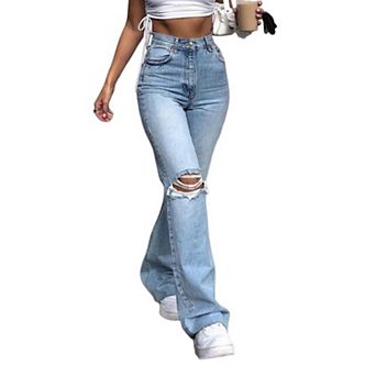 Women Ripped Hole Jeans Y2K Flare Trousers High Waisted Straight Wide Leg Denim Pants