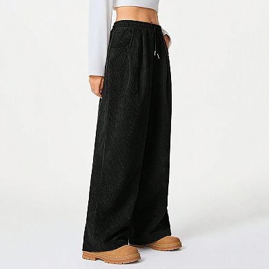 Women's Baggy Elastic High Waisted Pants Wide Leg Slacks Loose Fit Drawstring Trousers with Pockets