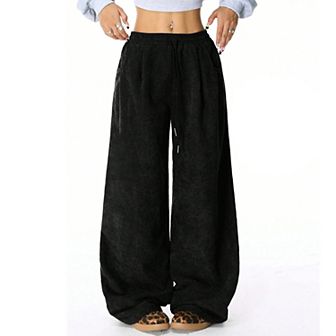 Women's Baggy Elastic High Waisted Pants Wide Leg Slacks Loose Fit Drawstring Trousers with Pockets
