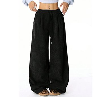 Women's Baggy Elastic High Waisted Pants Wide Leg Slacks Loose Fit Drawstring Trousers with Pockets
